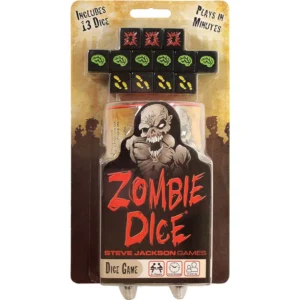 Eat brains. Don't get shotgunned. In Zombie Dice, you are a zombie. You want braaains – more brains than any of your zombie buddies. The 13 custom dice are your victims. Push your luck to eat their brains, but stop rolling before the shotgun blasts end your turn! Whoever collects 13 brains first wins. Each game takes 10 to 20 minutes and can be taught in a single round. Each turn, you take three dice from the box and roll them. A brain symbol is worth one point at the end of the round, while footsteps allow you to reroll this particular dice. Shotgun blasts on the other hand are rather bad, cause if you collect three shotgun blasts during your turn, it is over for you and you get no points. After rolling three dice, you may decide if you want to score your current brain collection or if you want to push your luck by grabbing new dice so you have three again and roll once more.